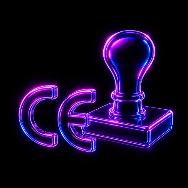 CE-Zeichen mit Stempel als Symbol für Konformität und CE-Kennzeichnung